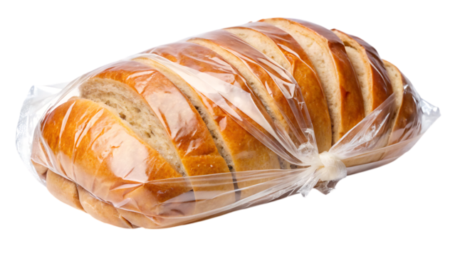 Sliced sourdough bread loaf in a clear crinkled plastic wrapper tied with white twist tie isolated on a transparent background