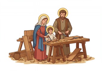 Holy family working together in a carpentry shop illustration. © Frandes Art Project