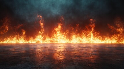 Naklejka premium Inferno Horizon: Fiery Abstract Landscape with Reflections on Concrete Surface