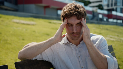 Caucasian man problem headache pain stress suffering male health frustrated guy worried upset loss...