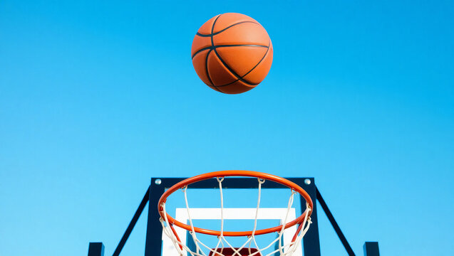A basketball going through the hoop, isolated on a blue sky background. The ball is orange and white in color.