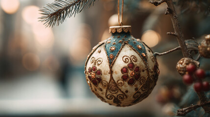 Beautifully detailed Christmas ornament with intricate patterns and rich colors hangs on tree branch, evoking sense of festive warmth and nostalgia