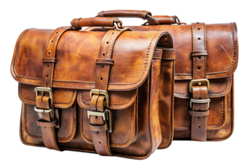 Two vintage brown leather saddlebags with brass buckles and straps isolated on a transparent background