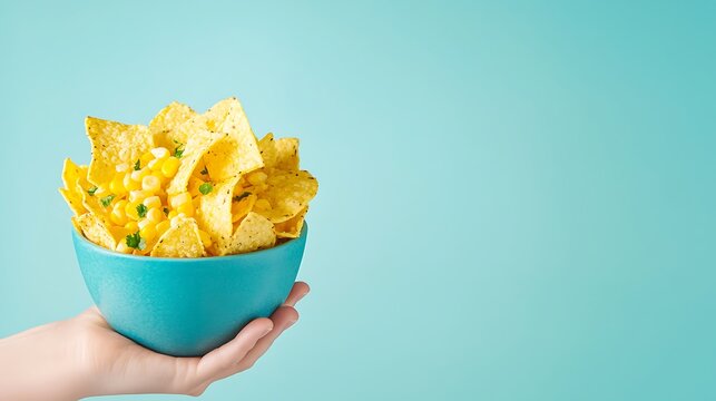 Hand holding bowl of tortilla chips with corn and parsley