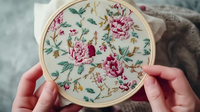 A close-up of colorful floral embroidery on fabric in a hoop.