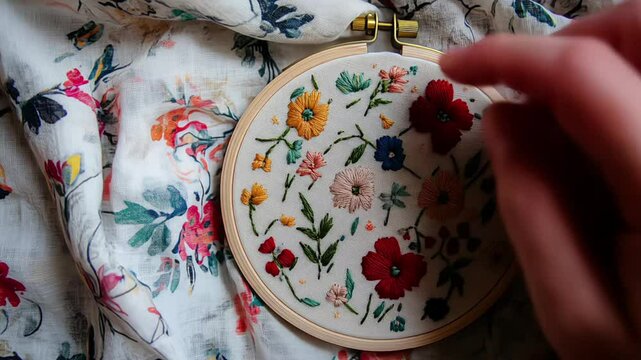 A close-up of colorful floral embroidery in a hoop on fabric.