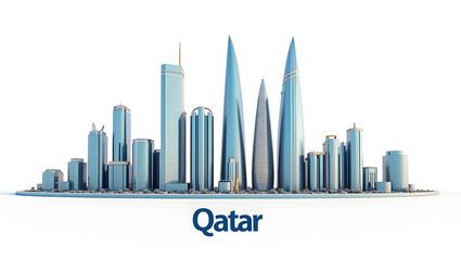 3d illustration of Doha&rsquo;s skyline with iconic skyscrapers, and the word 'Qatar' beneath. A symbol of modern Gulf luxury and growth.