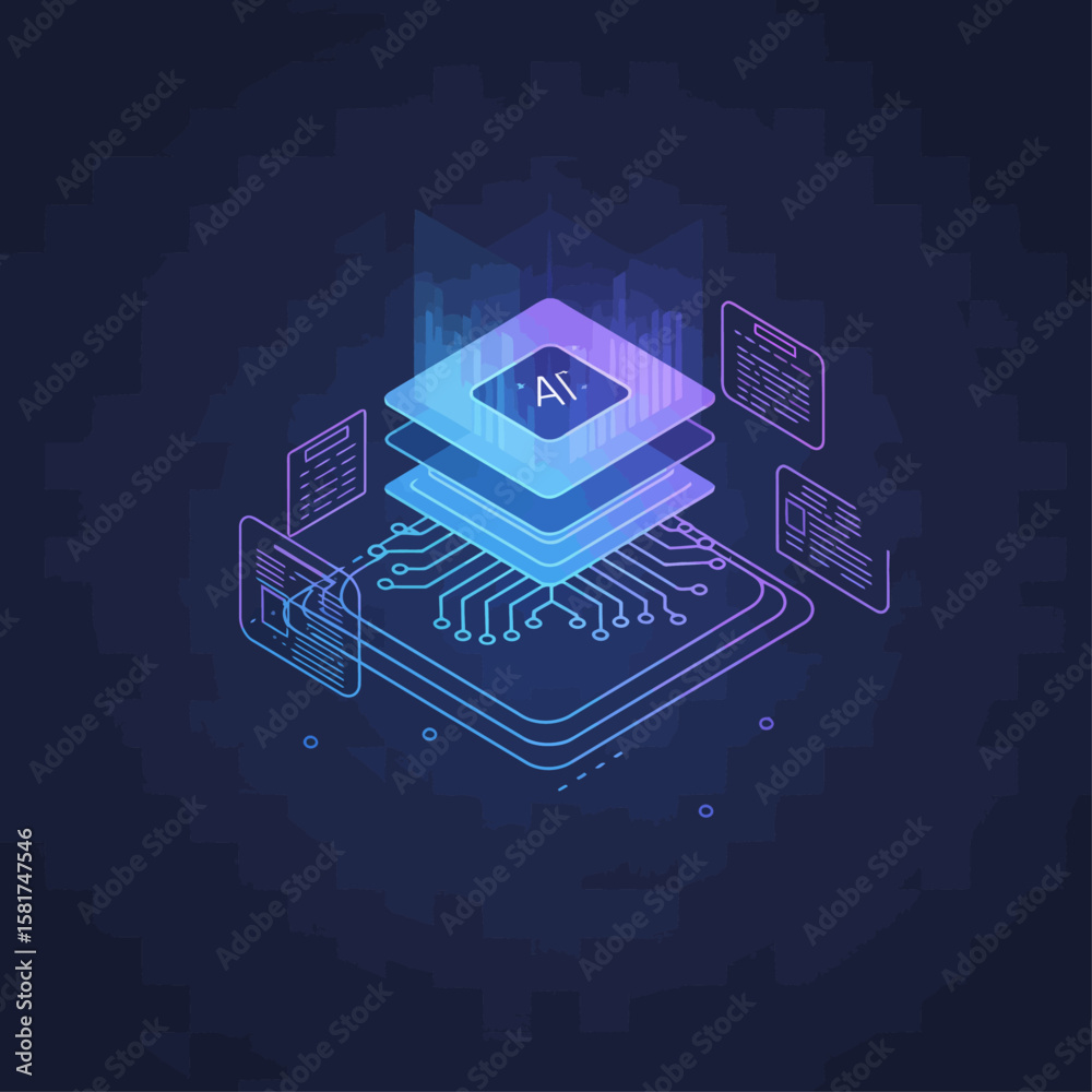 Fototapete Abstract isometric illustration of an AI chip with layered elements and data visualizations on a dark blue background.