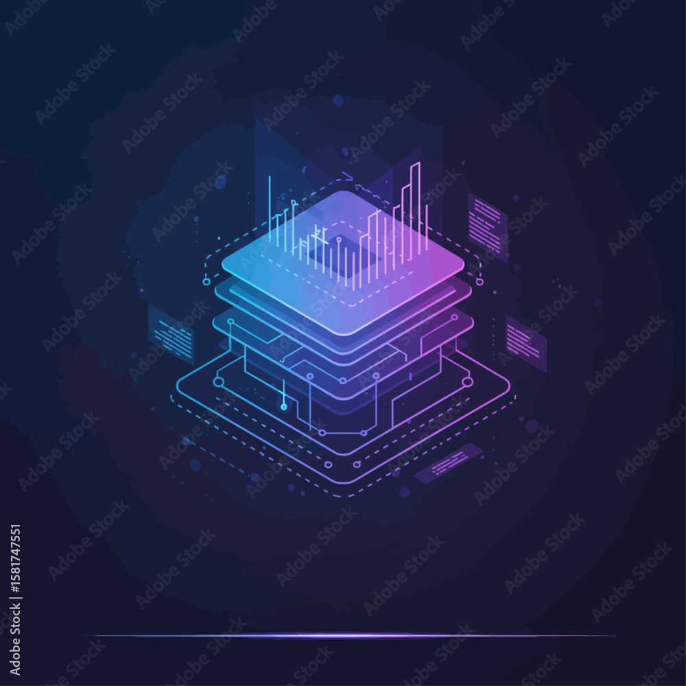Poster layered data architecture visualized with glowing isometric graphics, showcasing complex information