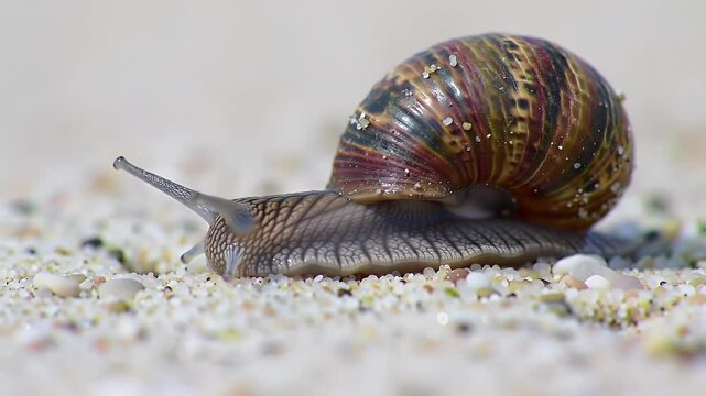 Detailed close-up of a land snail with a beautiful patterned shell slowly moving across textured sandy ground.