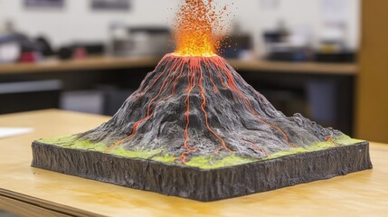 A volcano model erupts on a table