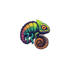 Charming cartoon chameleon perched on a branch, rendered in vibrant colors against a black background offering design versatility.
