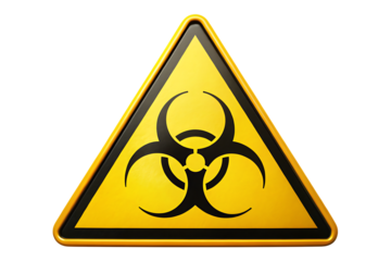 Yellow triangle biohazard warning sign with black symbol isolated on a transparent background danger