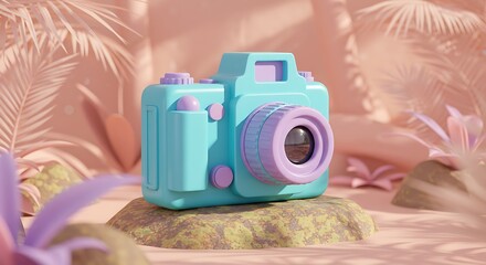 Toy Camera on Rock Platform with Stylized Tropical Leaves