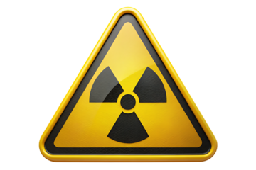 Yellow triangular warning sign with black radioactive symbol and border isolated on a transparent background