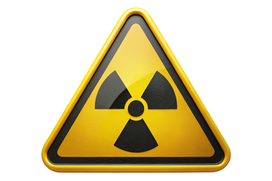 Yellow triangular warning sign with black radioactive symbol and border isolated on a transparent background