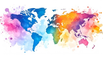 Fototapeta premium Watercolor World Map with Vibrant Hues and Splatter Effects on White Background