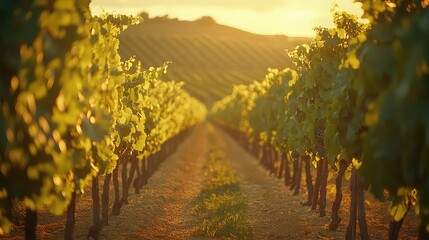 Fototapeta premium Sun-drenched vineyard rows with ripe grapes warm tones and scenic composition perfect for agriculture and wine content