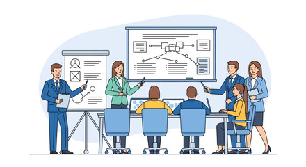 Business Team Presentation with Whiteboard and Charts.