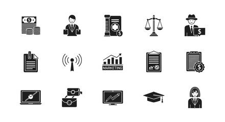 Collection of Black and White Business Icons.