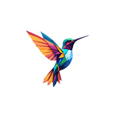 A vibrant hummingbird soars gracefully, its colorful wings a mosaic of geometric shapes on a black background.