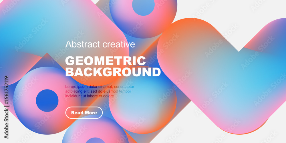 Wall mural vibrant abstract shapes overlap black background. text promotes content, includes read more button. 