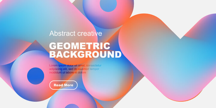 Vibrant abstract shapes overlap black background. Text promotes content, includes read more button. Modern design, fluid forms, bright colors.