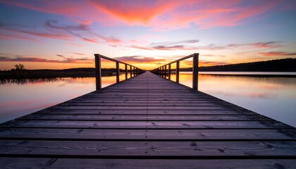 Obraz premium Wooden Dock Extends Over Still Lake Reflecting a Vivid Sunset Sky