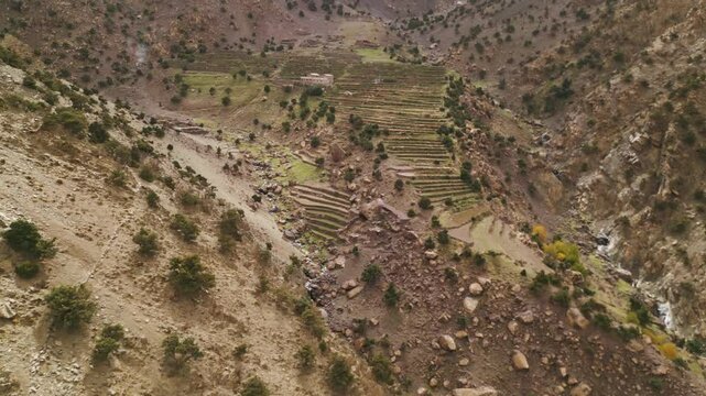 Drone shot of a terraced farmland in the High Atlas mountains of Morocco, surrounded by rocky slopes, scattered trees and remote trails, showcasing traditional Berber agriculture in a rugged and remot