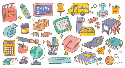 Back to School Cute Hand Drawn Doodle Set | Supplies, Food, and Learning Items