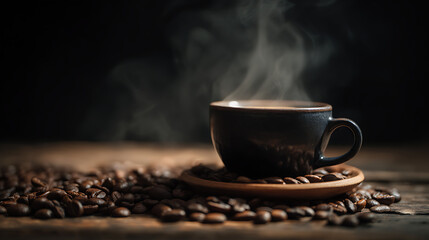 Steaming espresso cup with coffee beans, warm brown tones - the essence of rich coffee moments