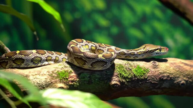 Python on a mossy branch with a green background in a habitat.