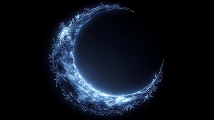 A stylized, glowing blue crescent moon