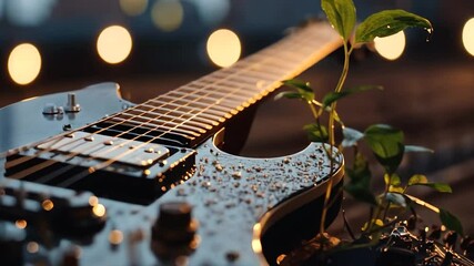 Close-up of a rain-covered electric guitar resting on the ground next to a small plant, with blurred warm lights in the background. The scene is moody and atmospheric
