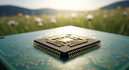 Sustainable Technology Semiconductor Chip in Nature with Green Fields, Symbolizing Eco-Friendly Innovation and Green Computing Solutions