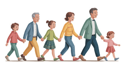 Obraz premium Multi generational family walking together holding hands isolated on white background