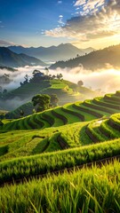 Lush terraced rice paddies bathed in morning mist