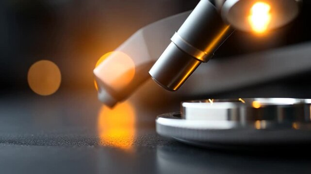 Close-up view of a small metallic object being illuminated by a glowing tool tip, set against a dark background with blurred warm-toned bokeh lights. The image has a shallow depth of field, focusing