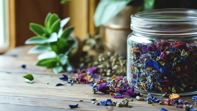 A jar of dried flowers spills onto a wooden table, exuding warmth.