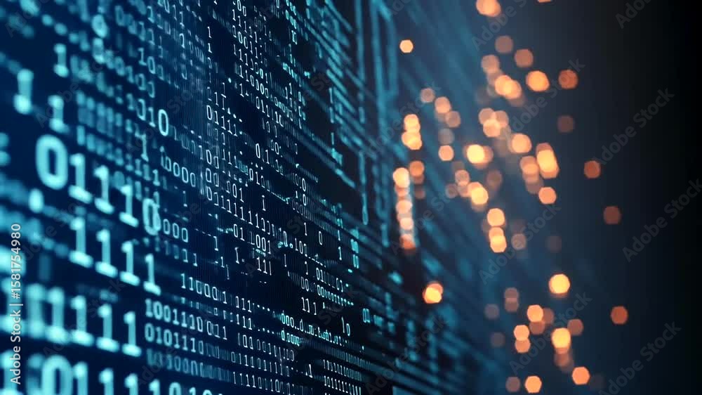 Wall mural abstract digital technology background with binary code and bokeh lights visual effect