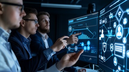 Corporate team engaged in AI-driven training session, with holographic icons representing machine learning, leadership development, and performance tracking floating above a smart digital workspace.