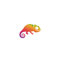 A vibrant chameleon illustration stands out against a stark black background, showcasing its colorful skin and curious expression, ideal for web design.