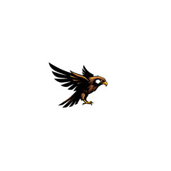 A stylized falcon soars across a stark black backdrop with spread wings and determined gaze, creating a dynamic animal artwork.