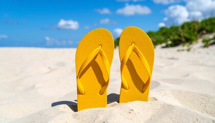Fototapeta premium Bright yellow flip-flops on a sandy beach