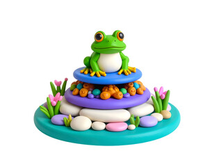 Cute Frog on Colorful Stones 3D Illustration