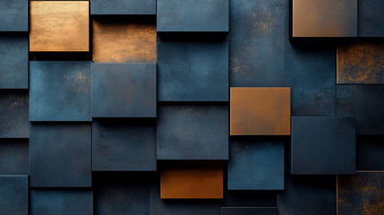 Abstract geometric pattern of dark blue and copper squares