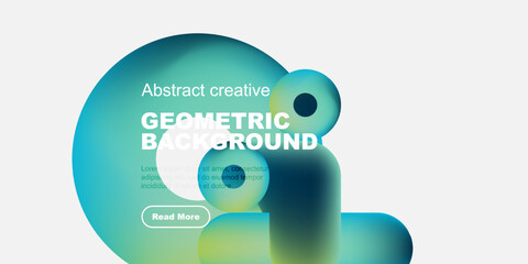 Abstract geometric background features fluid shapes, text, button. Modern design with blue, yellow gradients. Minimalist aesthetic.