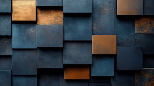 Abstract geometric pattern of dark blue and copper squares