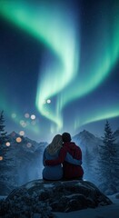 Couple Watching Northern Lights in Snowy Mountain Landscape
