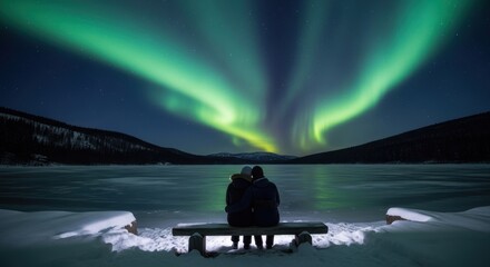 Couple Watching Aurora Borealis Over Frozen Lake
